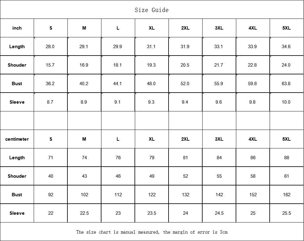 Size guide for men's T-shirt in inches and centimeters, including length, shoulder, bust, and sleeve for sizes S to 5XL.