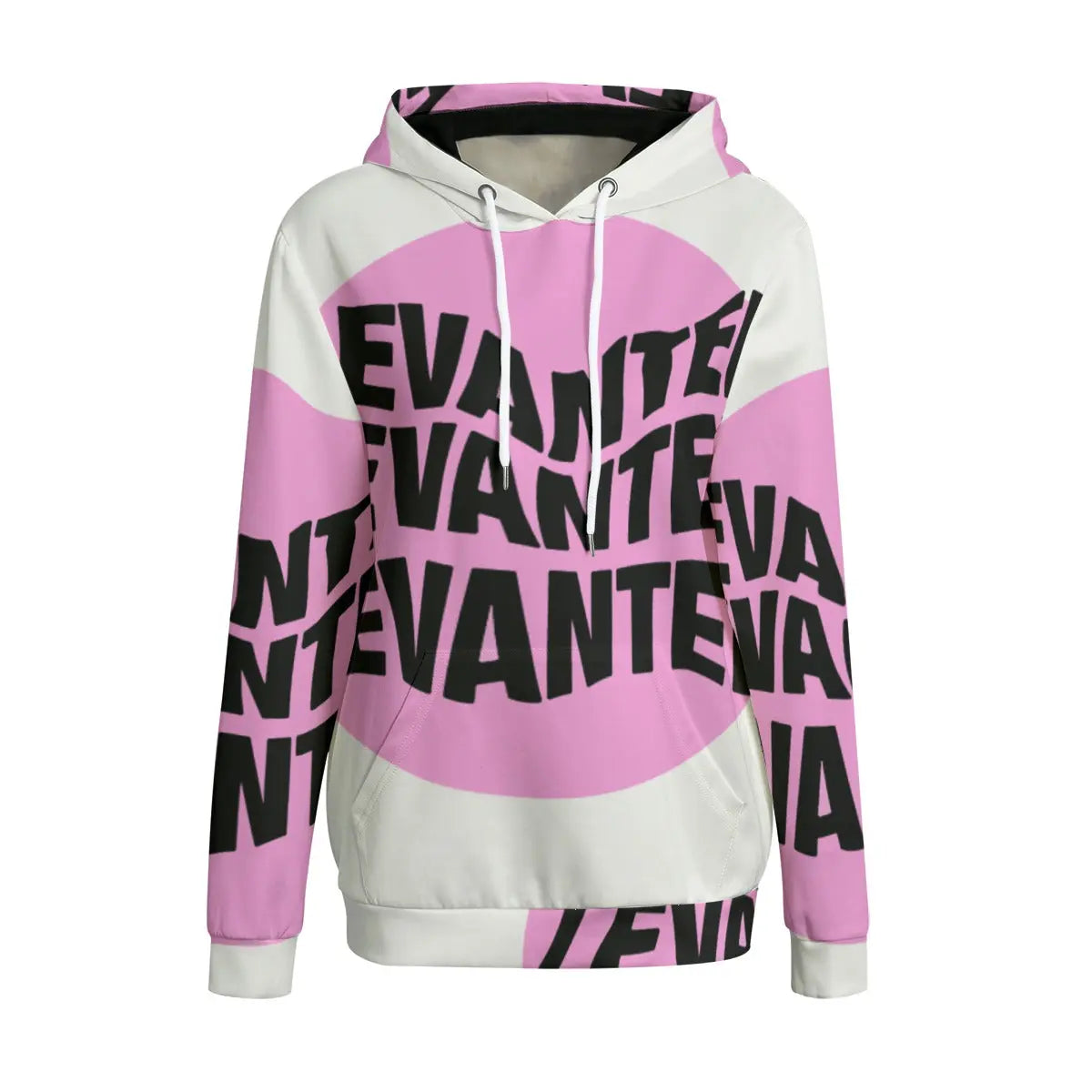 Pink and white women's hoodie with bold black text and front pocket, featuring a drawstring and black inner hood for casual style.