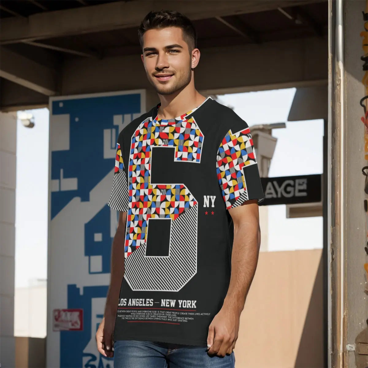 Man wearing a patterned black T-shirt with geometric design and number 6, urban setting, casual style.