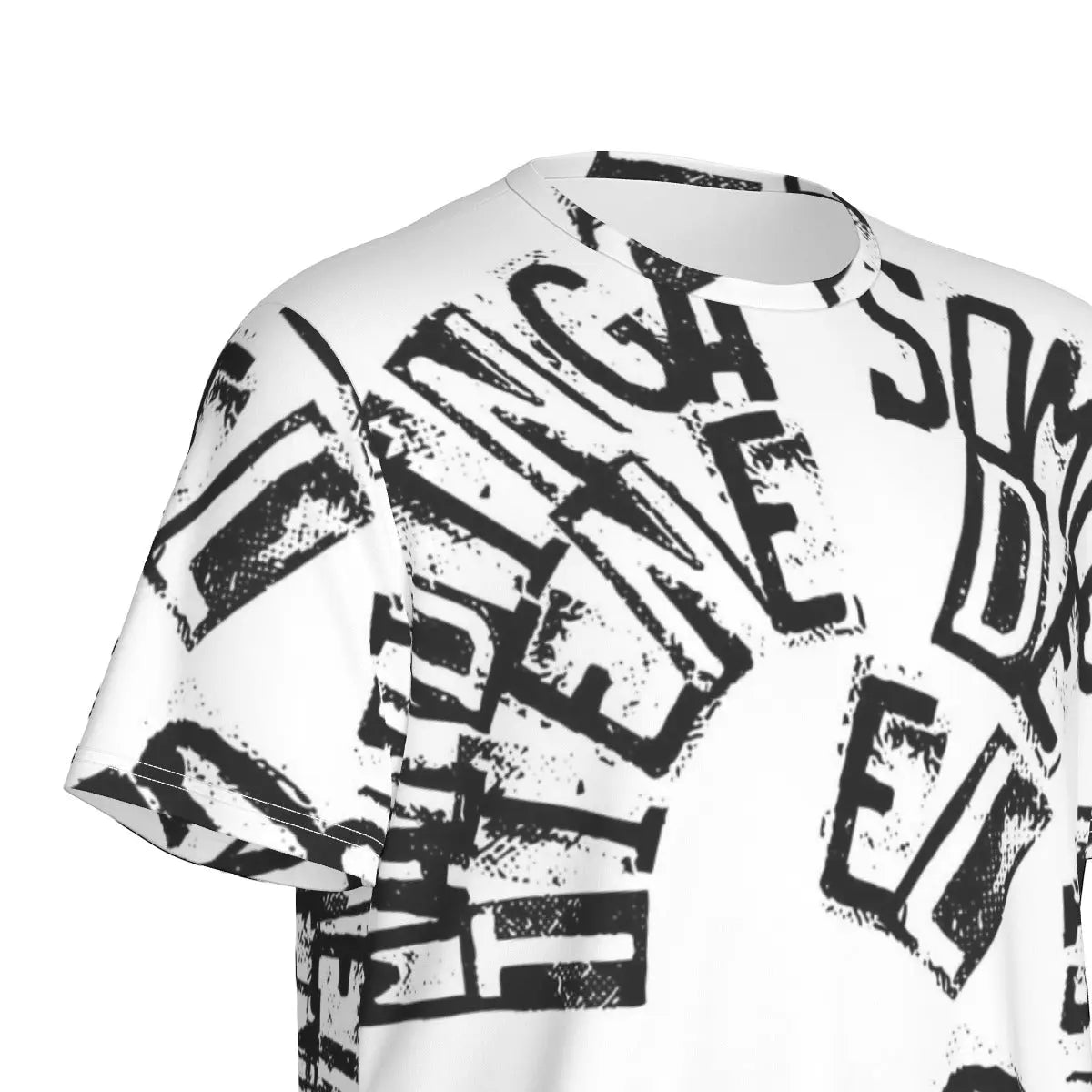 Men's round neck T-shirt with black and white graphic pattern made from soft microfiber blend, available in sizes S to 5XL.