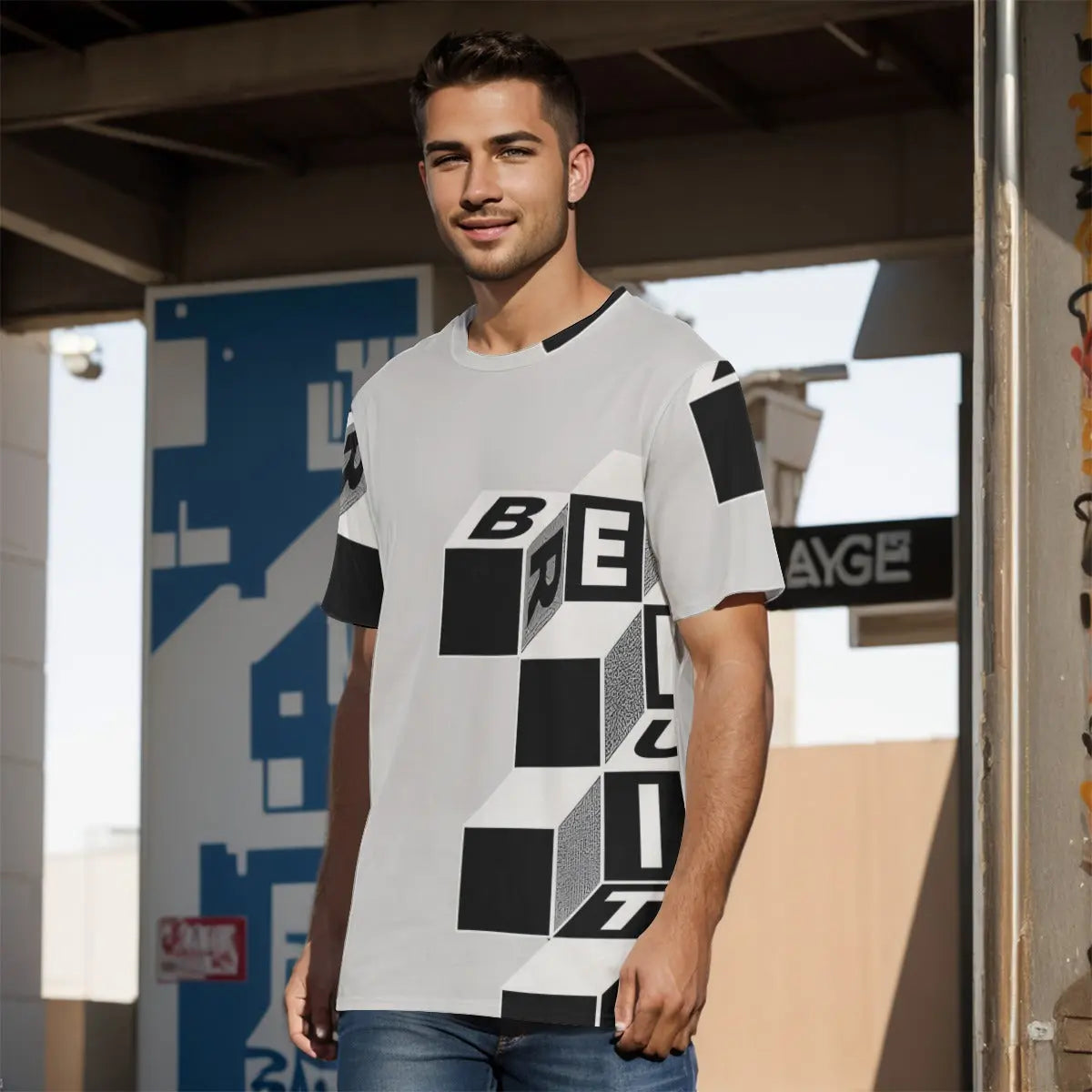 Man wearing a patterned men's cotton T-shirt with a geometric design, standing outdoors in casual jeans.