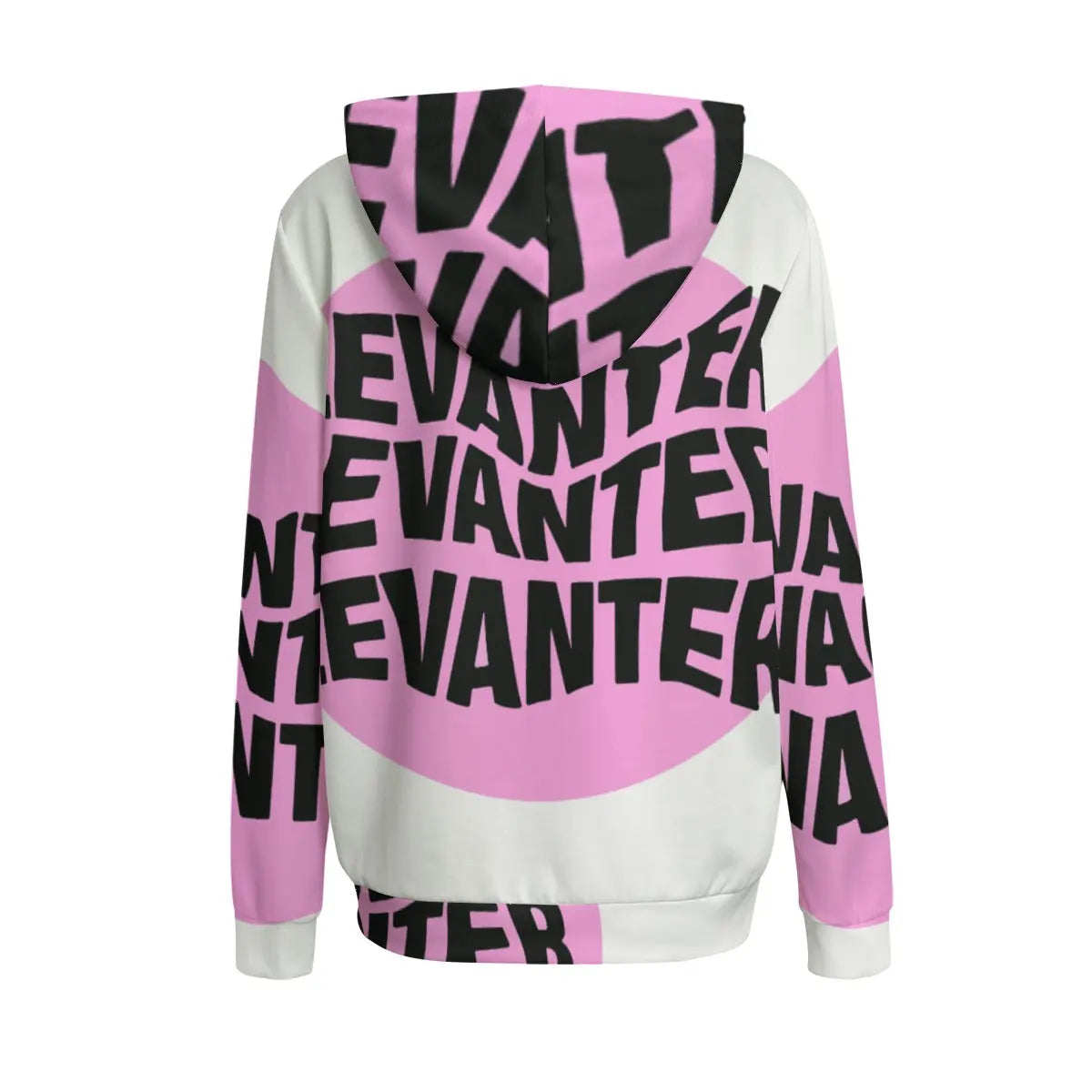 Back view of women's hoodie with bold pink and black graphic text design, featuring a drawstring hood and cuffed sleeves for stylish comfort.