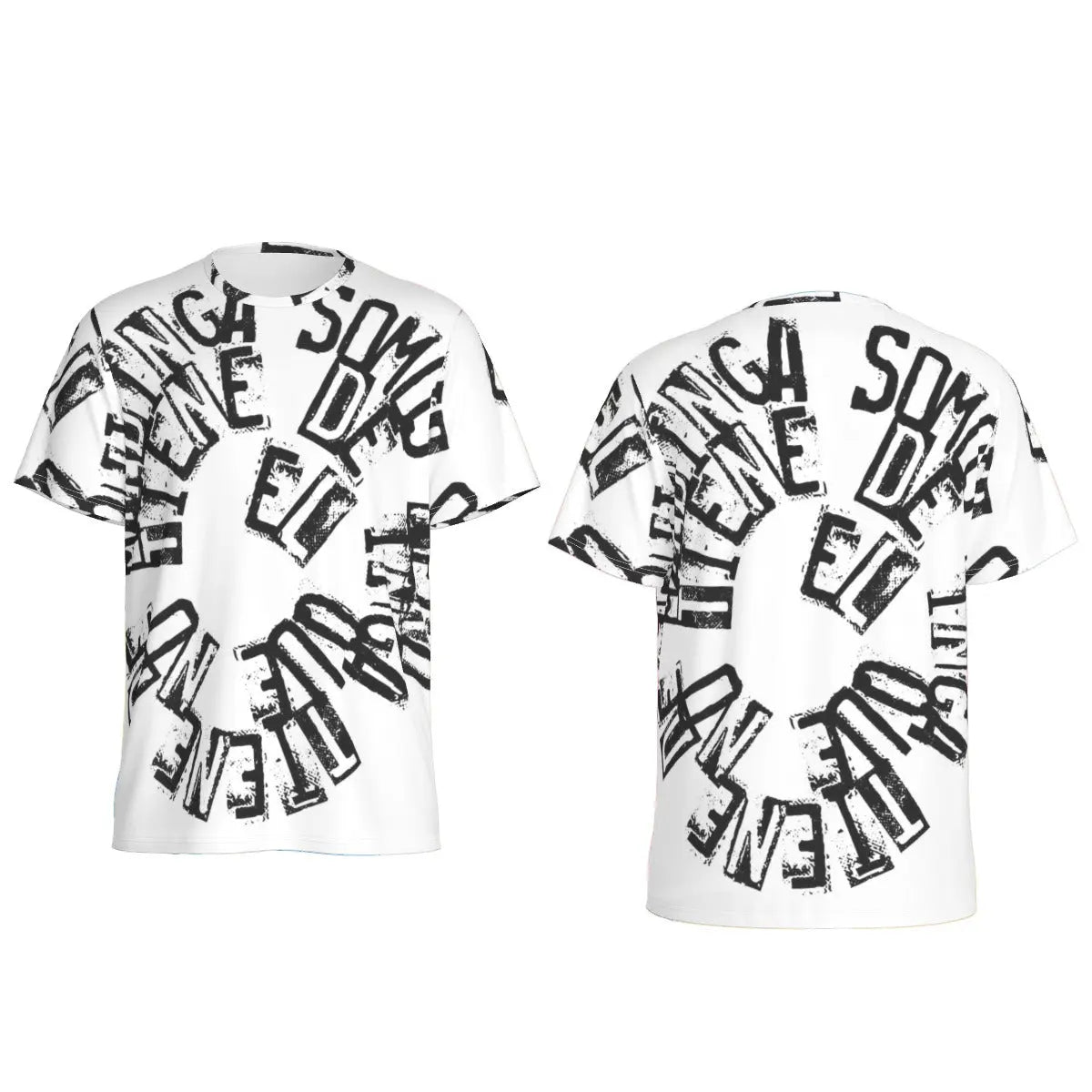 Men's T-shirt with black text design, round neck, made from breathable microfiber blend, shown from front and back views.