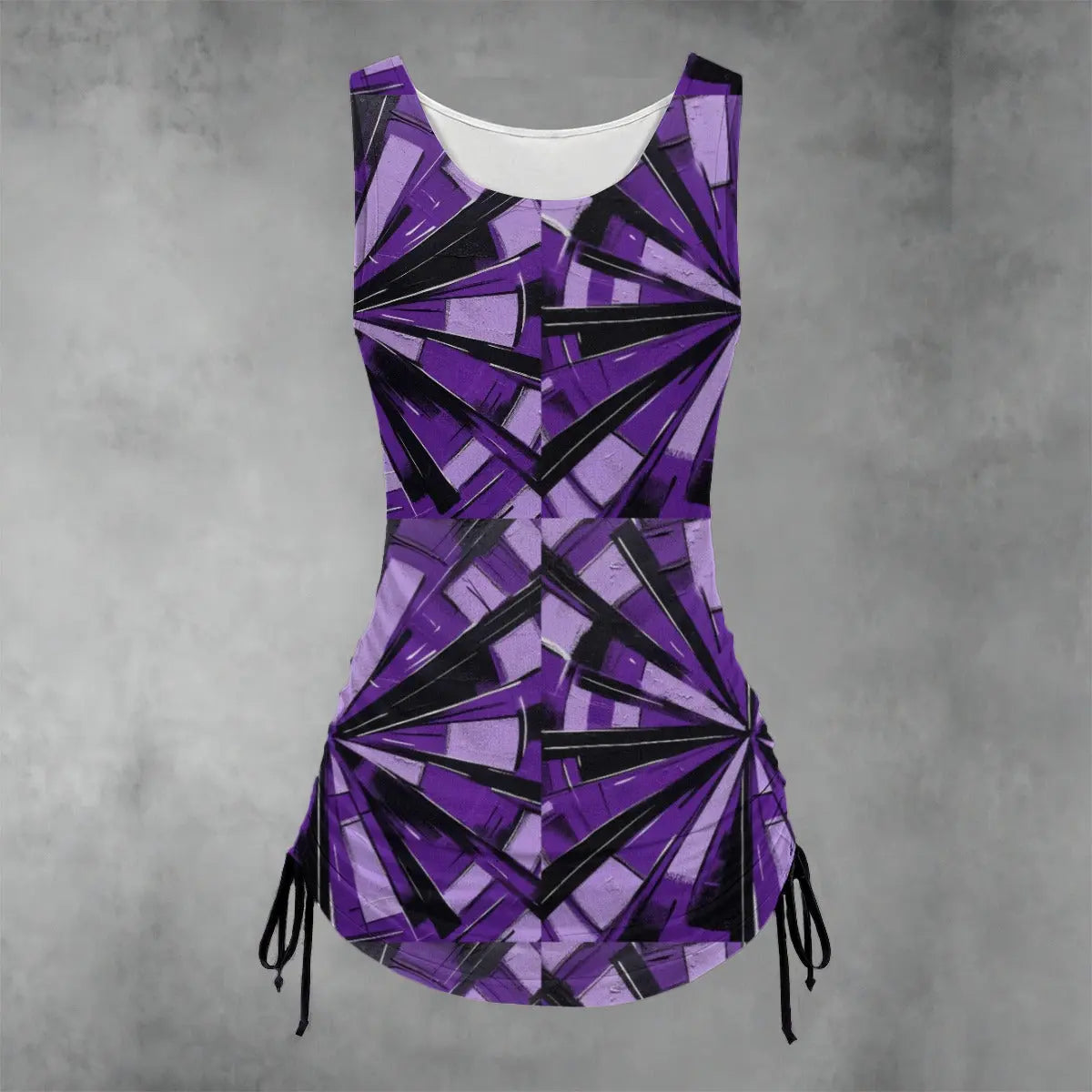 Purple geometric sleeveless dress with ruched sides and adjustable drawstring, offering a customizable and comfortable fit for summer.