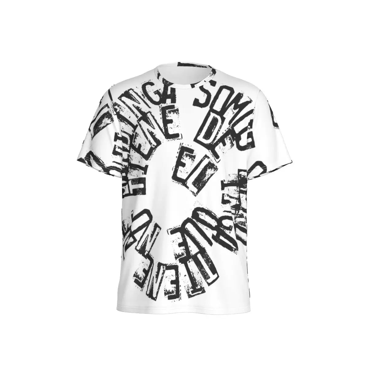 Men's T-shirt with classic round neck, black graphic print on white, made of breathable polyester-spandex blend. Sizes S-5XL available.