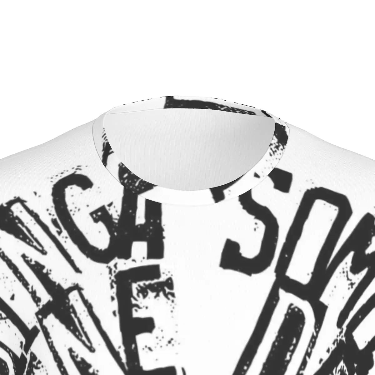 Men's T-shirt with black text design on white, featuring a round neck and soft microfiber blend for comfort and ease during activities.