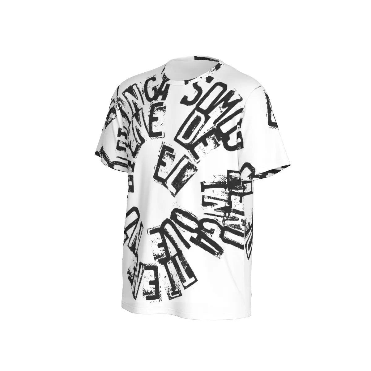 Men's round neck T-shirt in white with bold black text print, made from a soft microfiber blend, ensuring comfort and breathability.