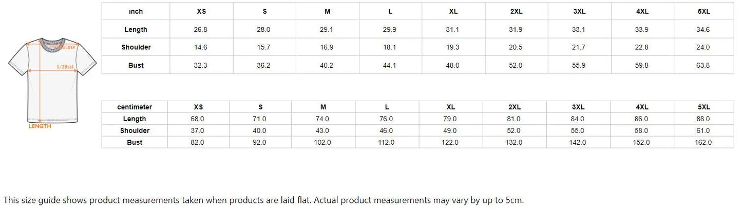 Men's cotton T-shirt size guide with measurements for length, shoulder, bust in sizes XS to 5XL for accurate fit.