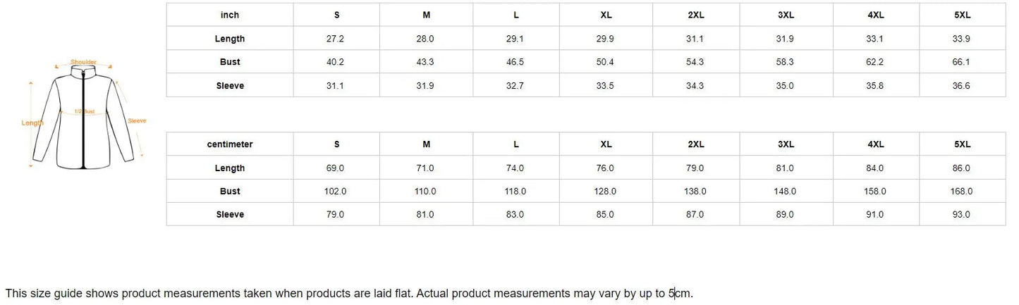 Bomber jacket size guide chart with measurements in inches and centimeters for sizes S to 5XL, showing length, bust, and sleeve dimensions.