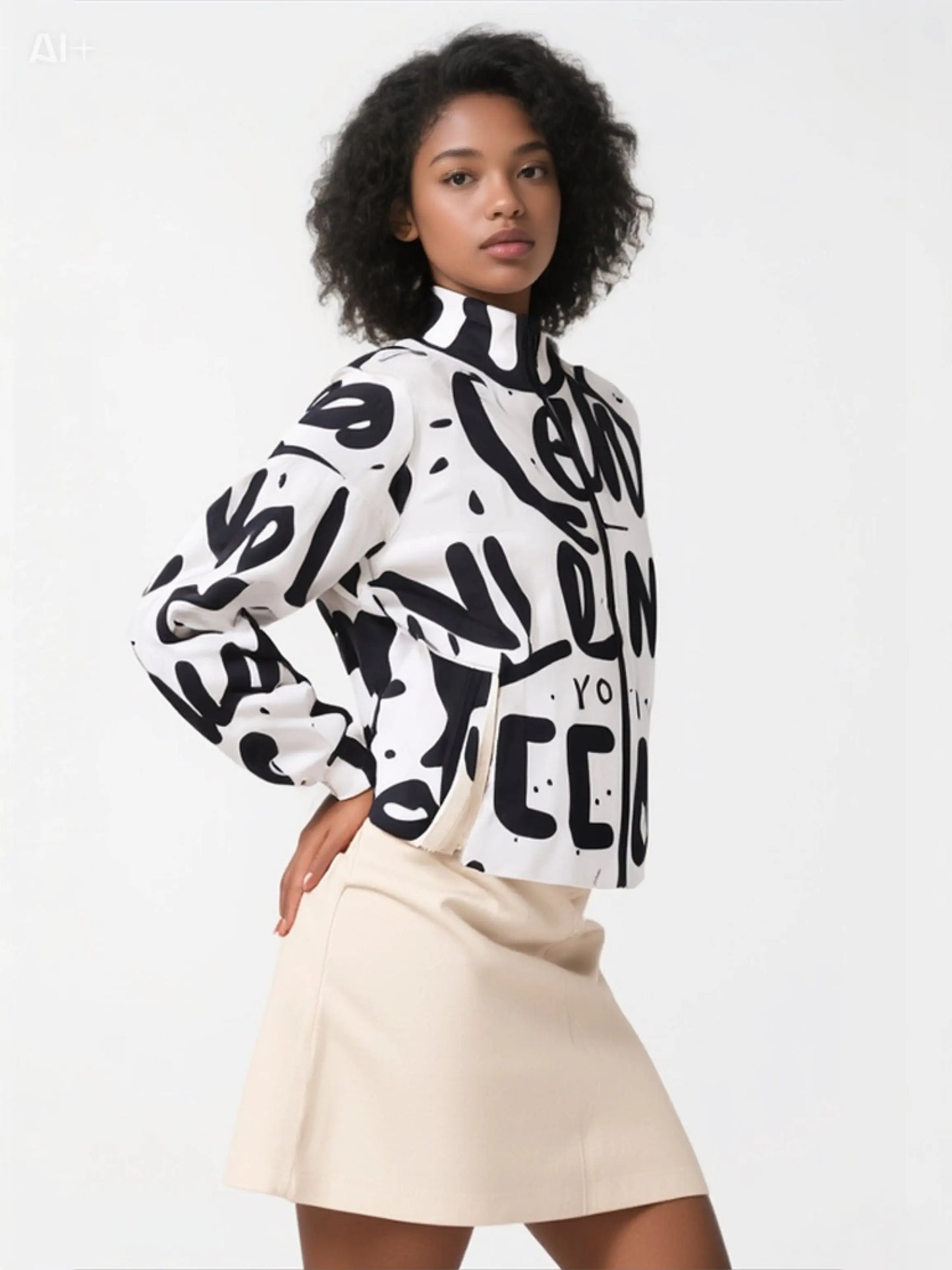 Woman wearing a graphic print jacket with a high collar paired with a beige skirt, showcasing a chic and modern fashion style.