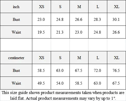 Size guide chart for XS to XL string bikini with bust and waist measurements in inches and centimeters, includes care instructions.