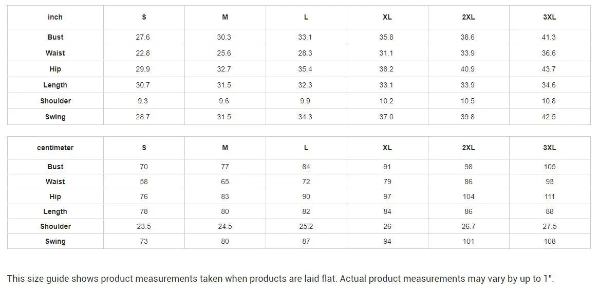 Size chart for bodycon dress with measurements in inches and centimeters, ranging from size S to 3XL.