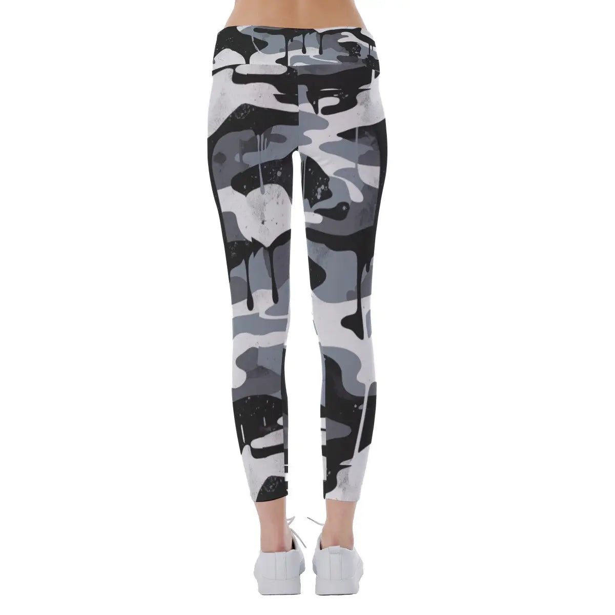 Camo print yoga leggings with a sleek fit, banded waist, suitable for yoga, running, and casual wear. Soft, flexible, and easy care fabric.