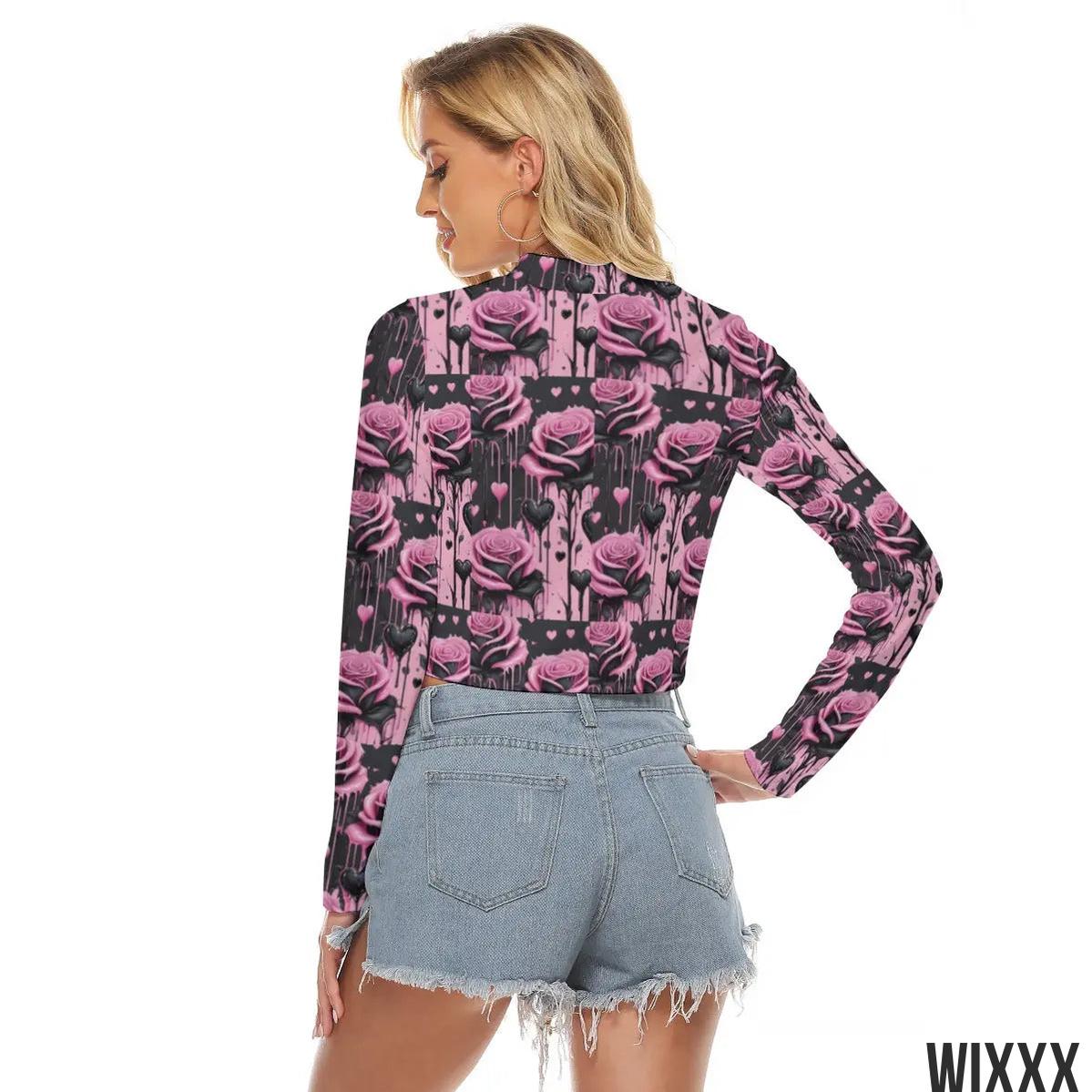 Model wearing a floral patterned long-sleeve top with denim shorts, showcasing a trendy fashion look from the back.