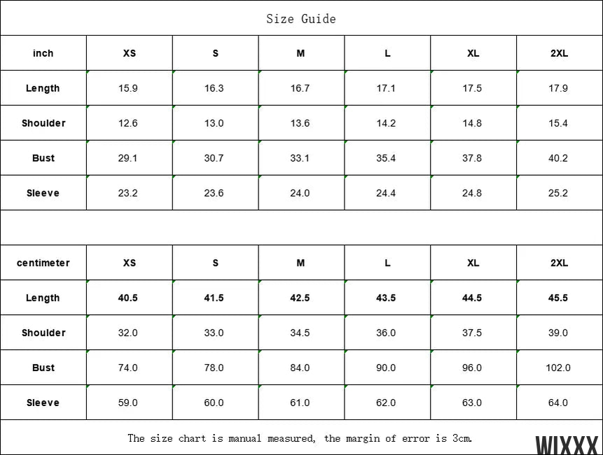 Size guide for Hollow Chest Crop Top by Wixxx showing measurements in inches and centimeters for sizes XS to 2XL.