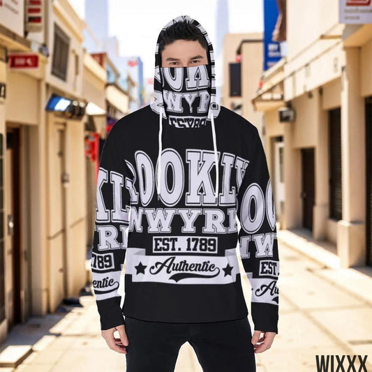 Men's masked hoodie with streetwear design, featuring bold graphic text, drawstrings, and kangaroo pocket in urban setting