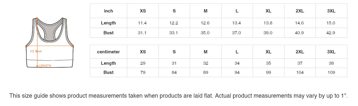 Size guide for sports bra showing measurements in inches and centimeters for sizes XS to 3XL, with length and bust dimensions.