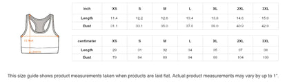 Size guide for sports bra showing measurements in inches and centimeters for sizes XS to 3XL, with length and bust dimensions.
