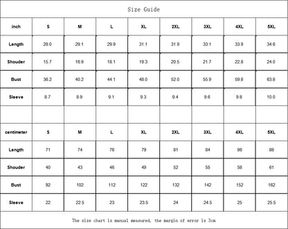 Size guide for men's T-shirt in inches and centimeters, including length, shoulder, bust, and sleeve for sizes S to 5XL.