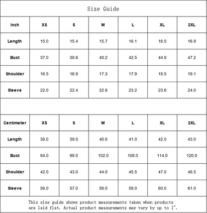 Layered crop top size guide with measurements for XS to 2XL in inches and centimeters.