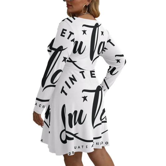 White Bell Dress with black lettering, V-neck, long sleeves, made from soft microfiber for comfort, suitable for L to 5XL sizes.