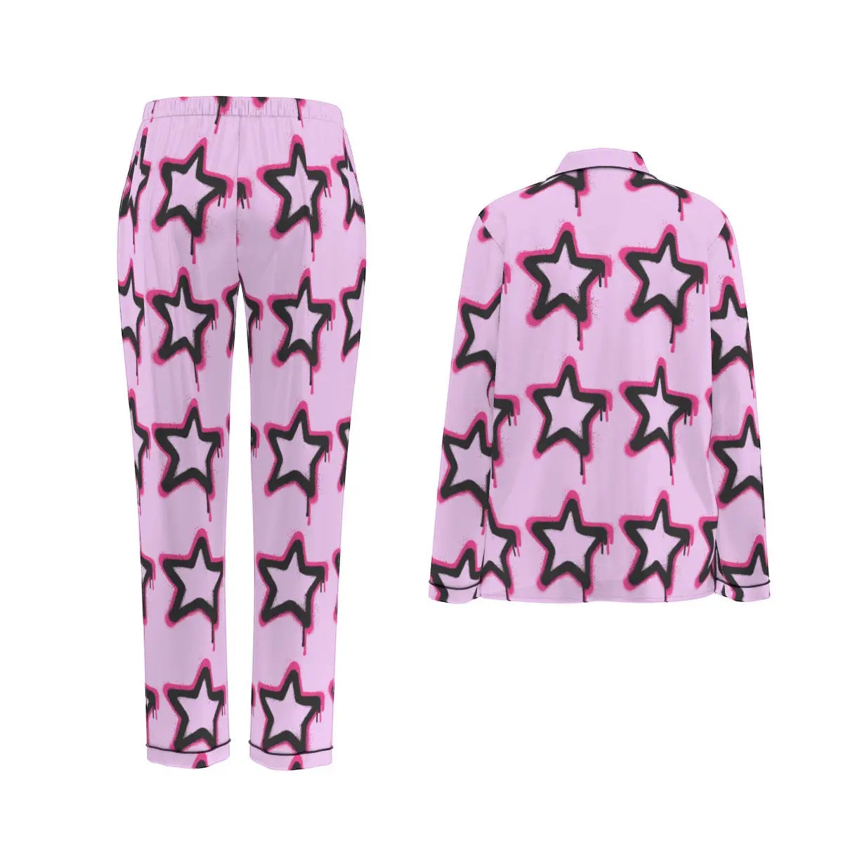 Pink star-patterned long sleeve pajamas for women, featuring simulated silk fabric and black contrast piping, offering comfort and style.