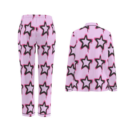 Pink star-patterned long sleeve pajamas for women, featuring simulated silk fabric and black contrast piping, offering comfort and style.