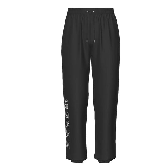 Black Wixxx Lux Cotton Tracksuit Pants with elastic waistband, side pockets, and white lettering, ideal for sports and leisure.