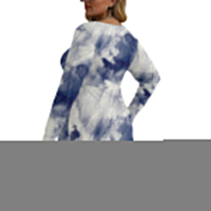 Blue tie-dye Bell Dress with V-neck and long sleeves, made from soft microfiber for comfort, shown in side view. Available in L to 5XL.