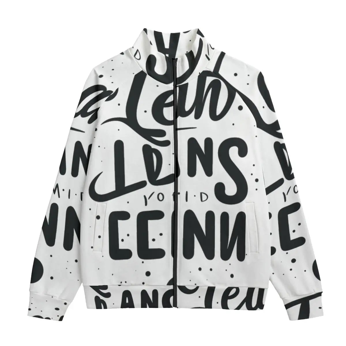 100% cotton bomber jacket with handwritten style text design, featuring zipper closure, raglan sleeves, and stand-up collar.
