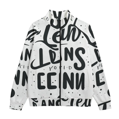 100% cotton bomber jacket with handwritten style text design, featuring zipper closure, raglan sleeves, and stand-up collar.