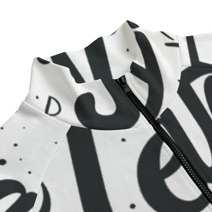 Close-up of a cotton bomber jacket with a zip-up front, stylish black and white graphic print, and stand-up collar.