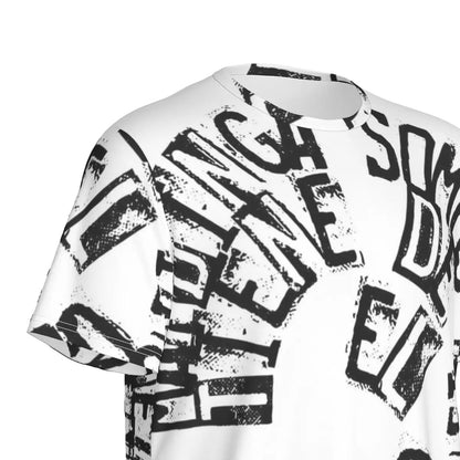 Men's round neck T-shirt with black and white graphic pattern made from soft microfiber blend, available in sizes S to 5XL.
