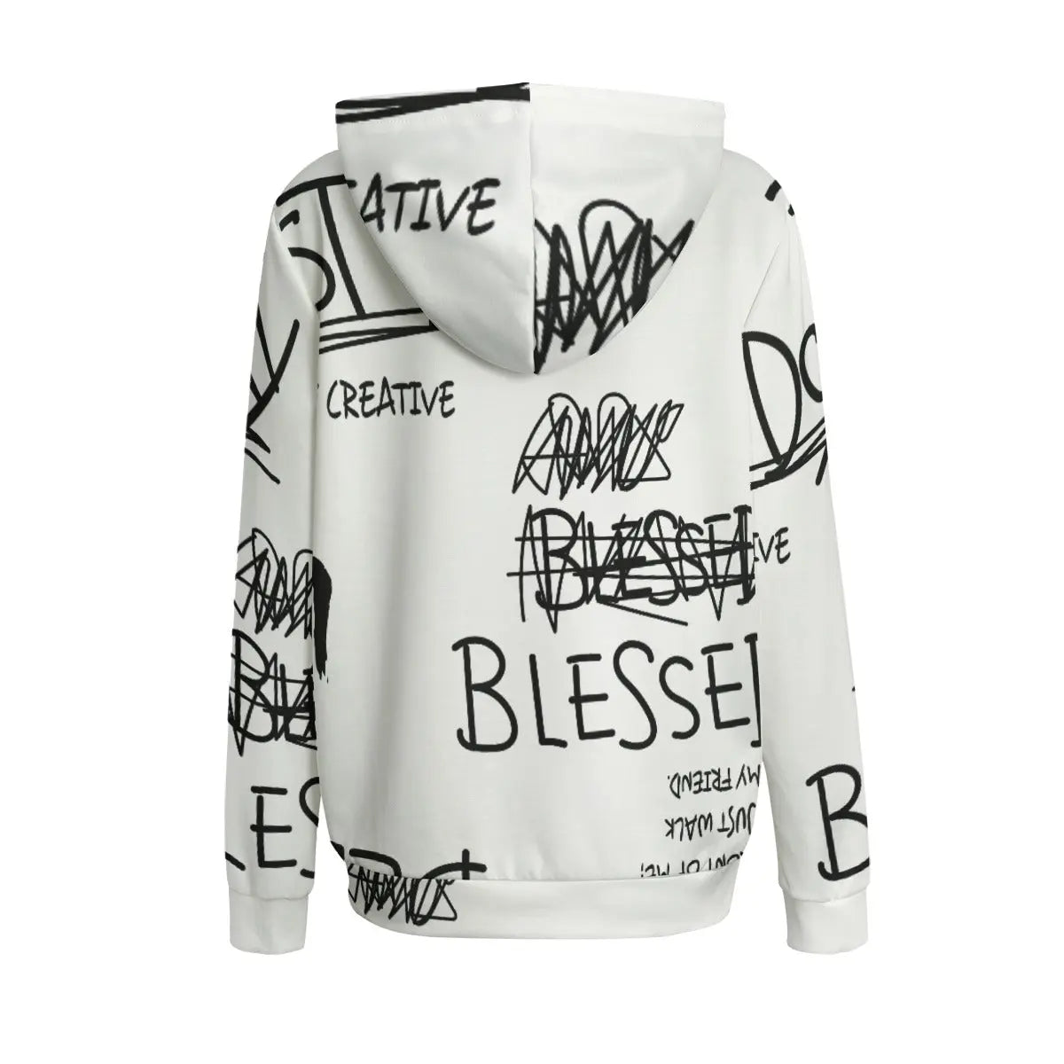 White women's hoodie with black graffiti-style text, including 'Blessed' and 'Creative', features a relaxed fit and stylish design.