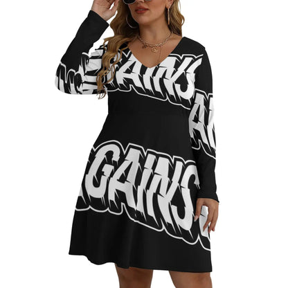 Woman wearing a Bell Dress with V-neck and long sleeves, featuring bold typography design. Available in sizes L to 5XL for versatile fits.