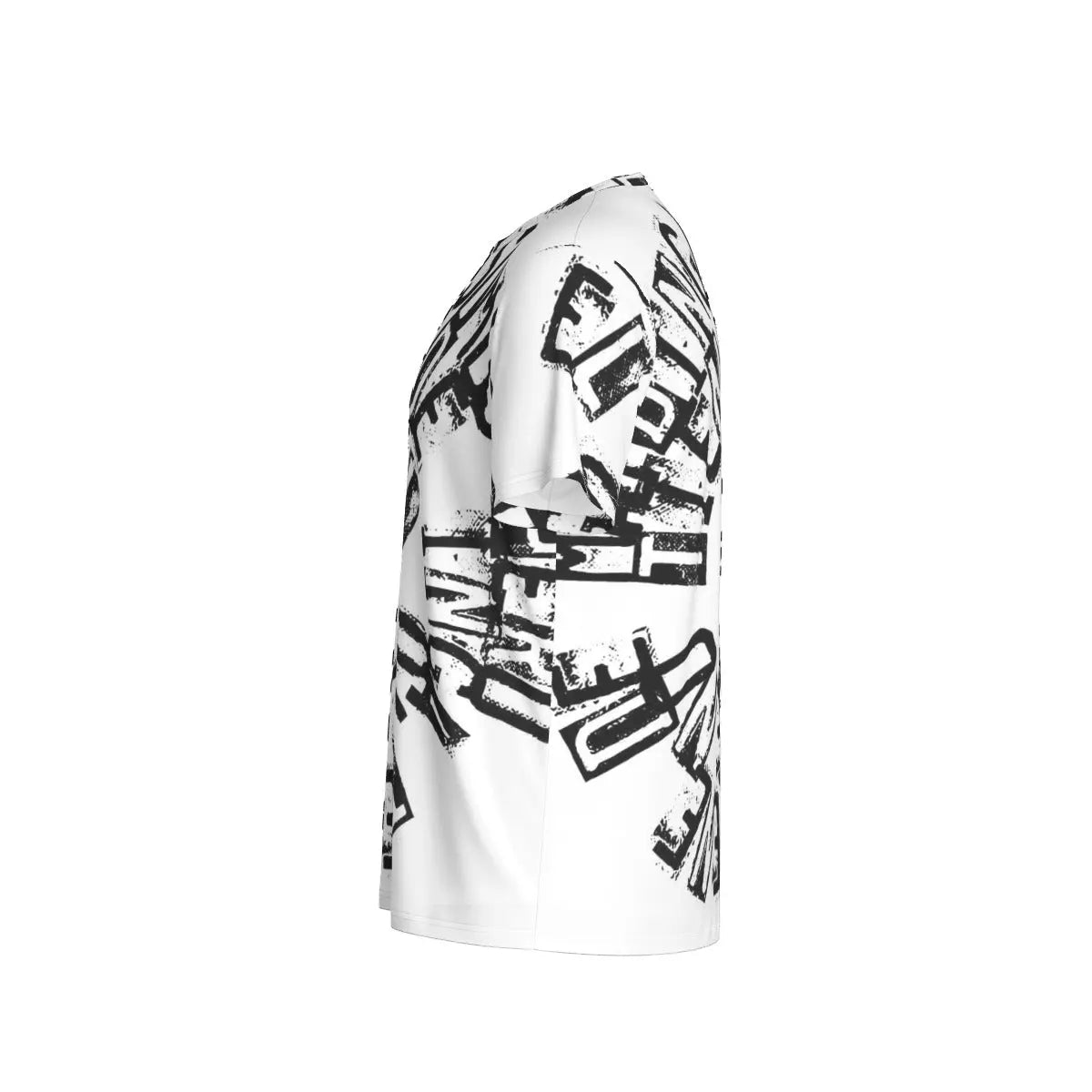 Men's black and white graphic T-shirt, side view, round neck, made from soft microfiber blend, featuring a breathable and lightweight design