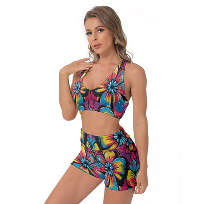 Colorful floral gym set including sports bra and shorts, perfect for parties, clubs, yoga, made of 88% polyester and 12% spandex.
