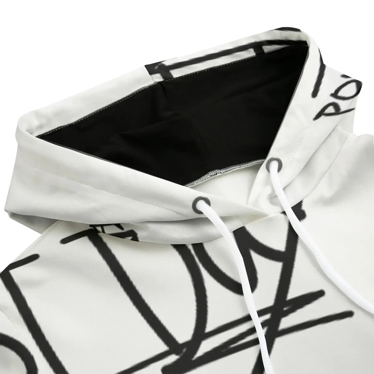 Women's hoodie with black inner hood, white drawstring, and stylish black print design, made from soft and breathable fabric.