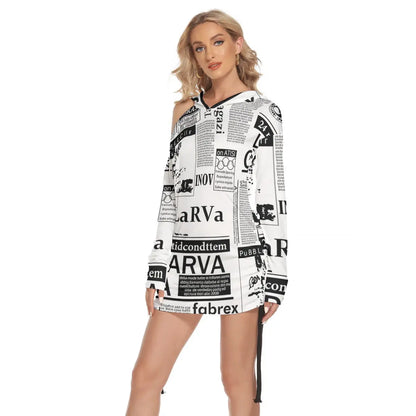 Woman wearing a black and white patterned dress with brand names on a white background