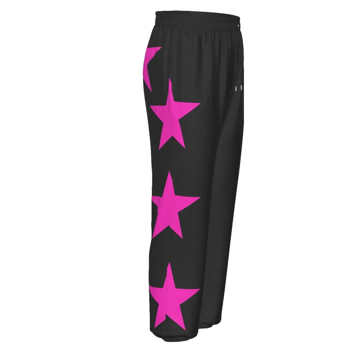 Black tracksuit pants with pink star design, featuring elastic waistband and side pockets for comfortable sports or leisure wear.