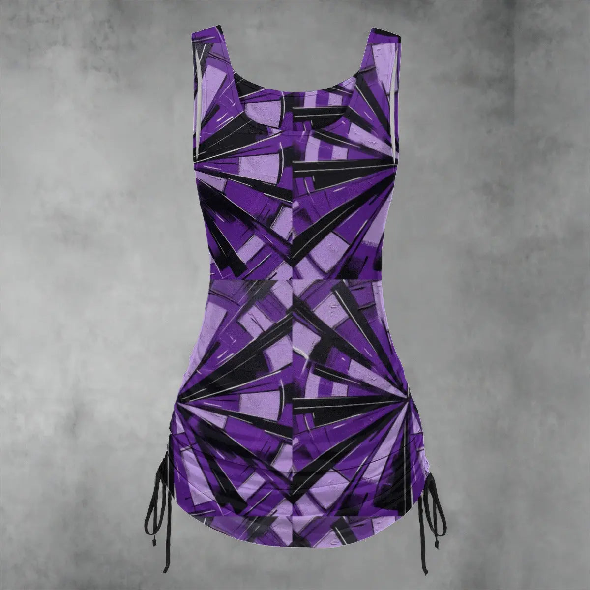 Purple geometric sleeveless layered dress with ruched sides and drawstring, made from polyester-spandex for comfort and flexibility.