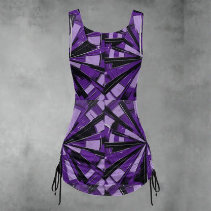 Purple geometric sleeveless layered dress with ruched sides and drawstring, made from polyester-spandex for comfort and flexibility.