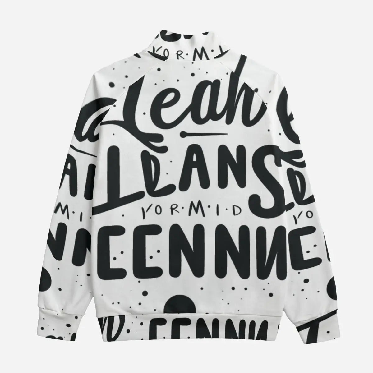 White and black graphic print bomber jacket with stand-up collar and zipper closure, featuring bold typography and raglan sleeves.