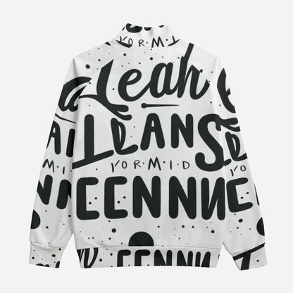 White and black graphic print bomber jacket with stand-up collar and zipper closure, featuring bold typography and raglan sleeves.