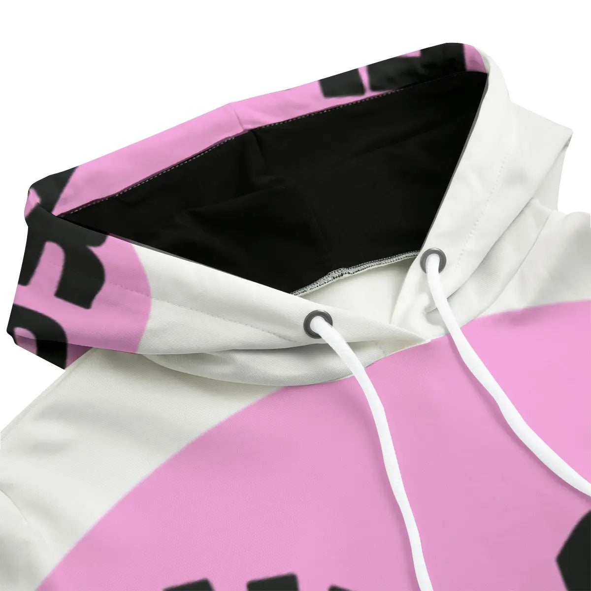 Pink and white women's hoodie with black inner hood, white drawstring, and front pocket, suitable for sports and casual wear.