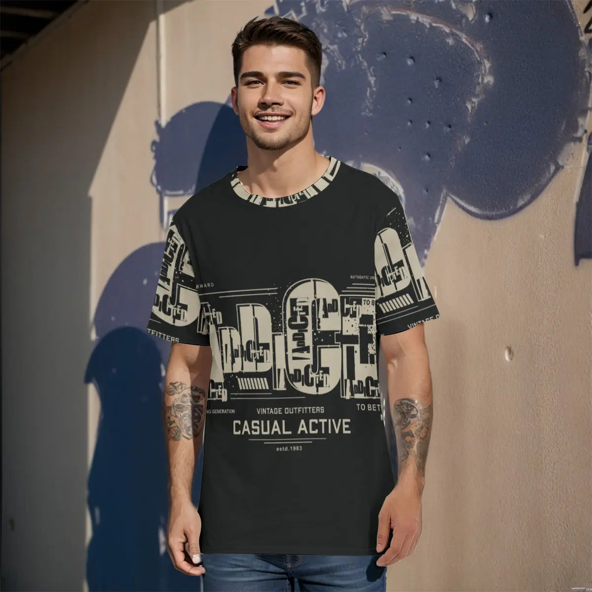 Model wearing men's cotton T-shirt with graphic print, featuring a breathable, eco-friendly round neck and regular fit.