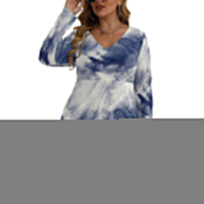 Woman modeling blue and white Bell Dress with V-neck and long sleeves, ideal for layering, made from soft microfiber in sizes L to 5XL.
