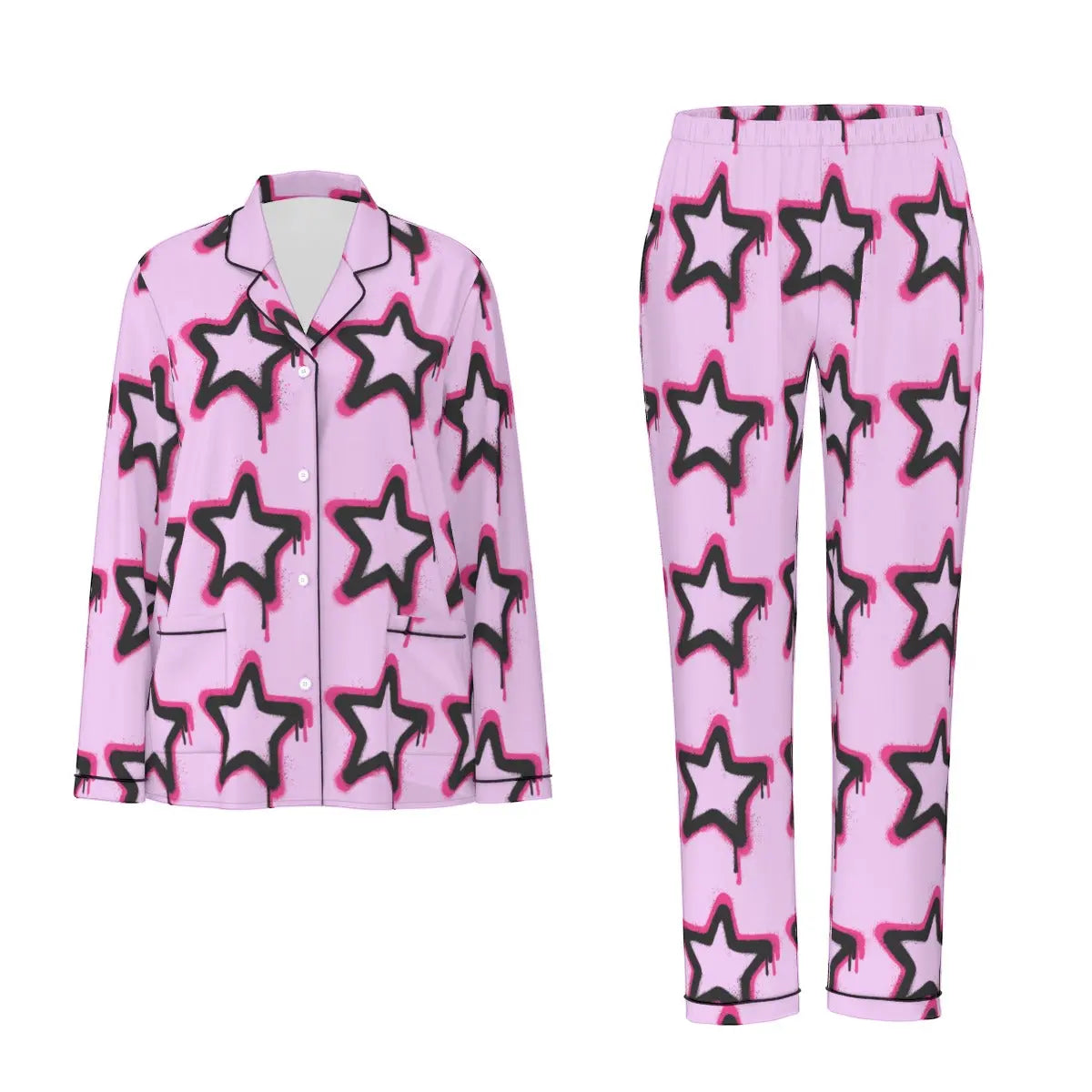 Pink long sleeve pajamas with star print, featuring black contrast piping and elastic waist, made of soft simulated silk for comfort.