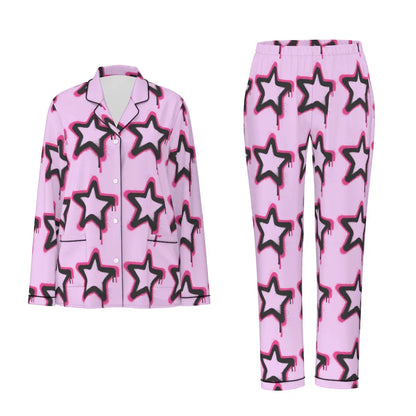 Pink long sleeve pajamas with star print, featuring black contrast piping and elastic waist, made of soft simulated silk for comfort.