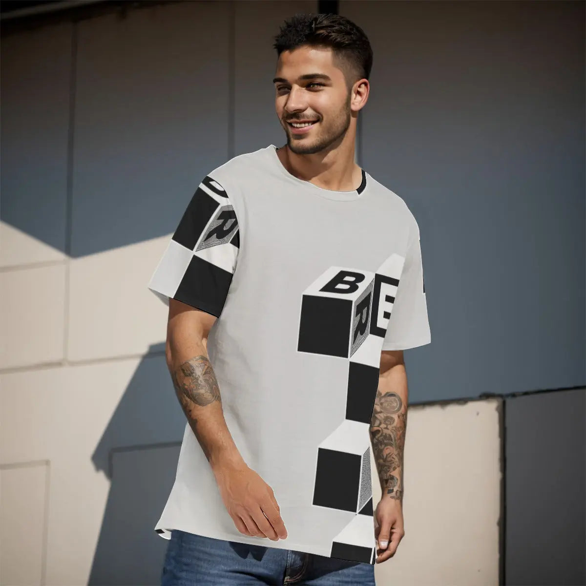 Men's cotton T-shirt with geometric print, round neck, breathable comfort, classic fit, outdoor setting.